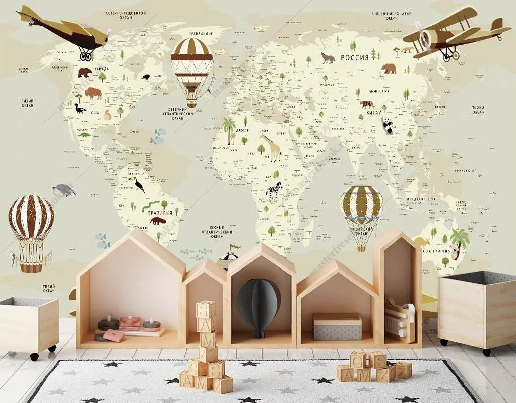 Фотообои в интерьере карта детская с самолетами  14-674 фото