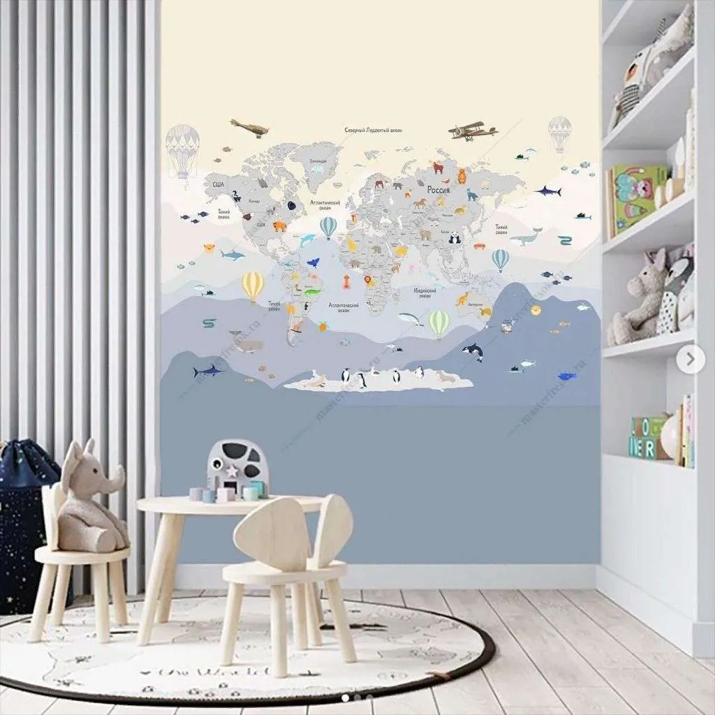 Фотообои в интерьере в детскую вертикальная карта с животными   14-717 фото