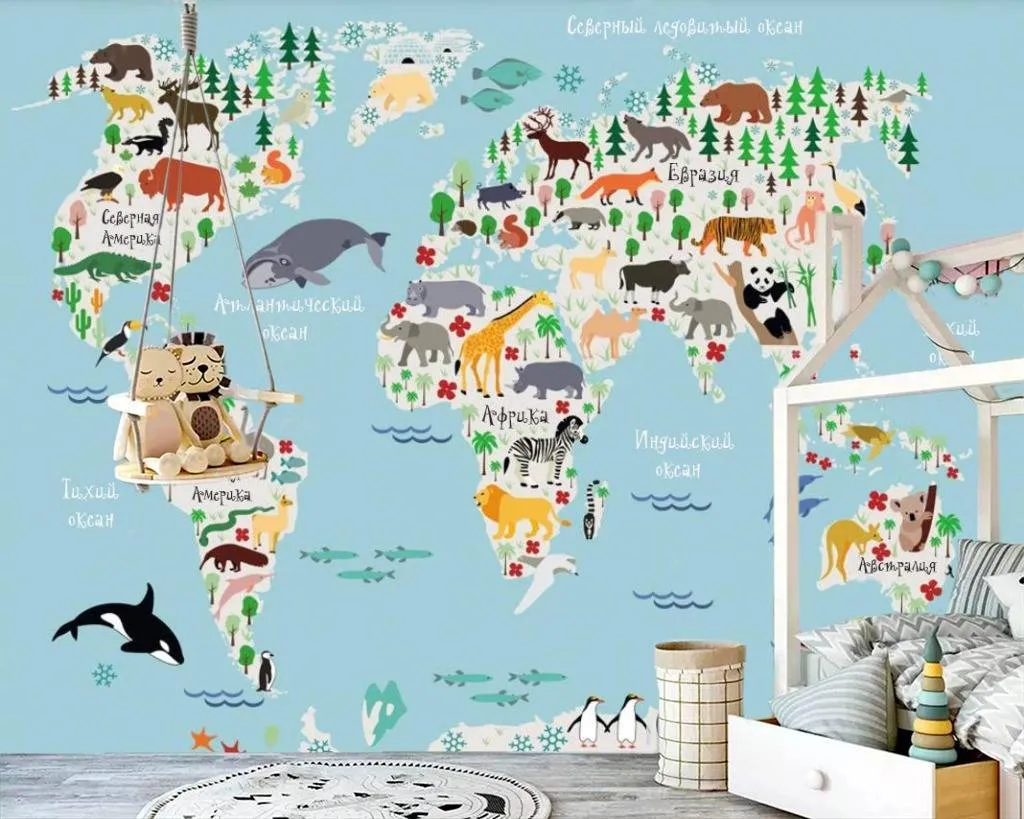 Фотообои Детская карта с животными на русском  15-282