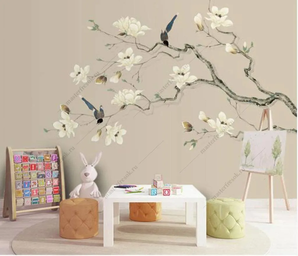 Фотообои в интерьере птицы на ветках сакуры  15-958 фото