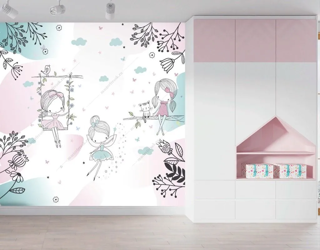 Фотообои в интерьере три феи на прогулке  14-639 фото