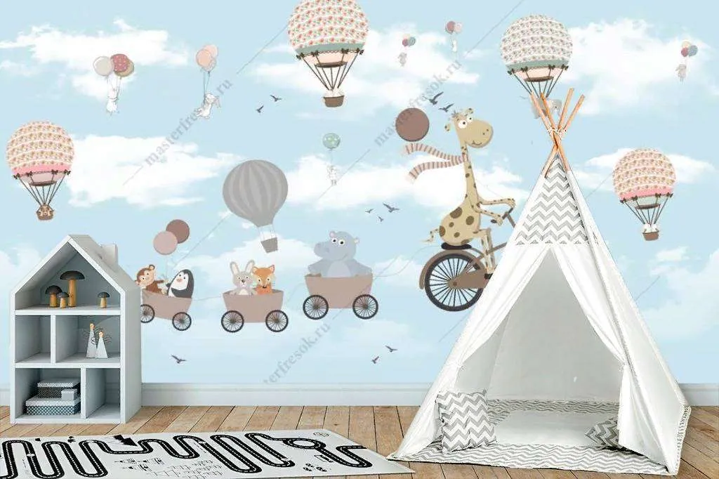 Фотообои в интерьере веселые зверята на велосипеде  12-1196 фото
