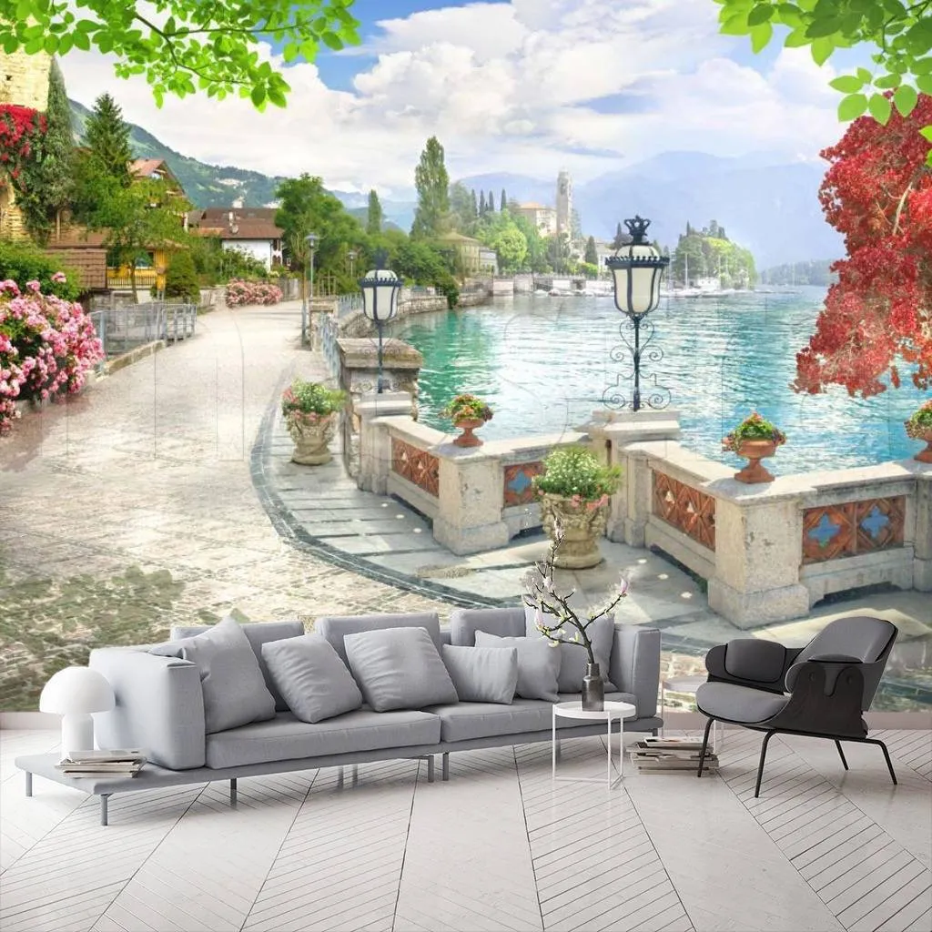 Фотообои в интерьере утром на набережной залива  5-020 фото