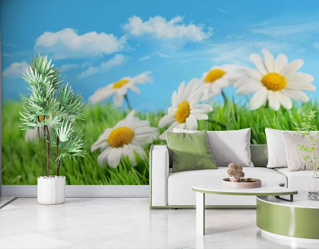 Фотообои в интерьере скромные ромашки  10-338 фото