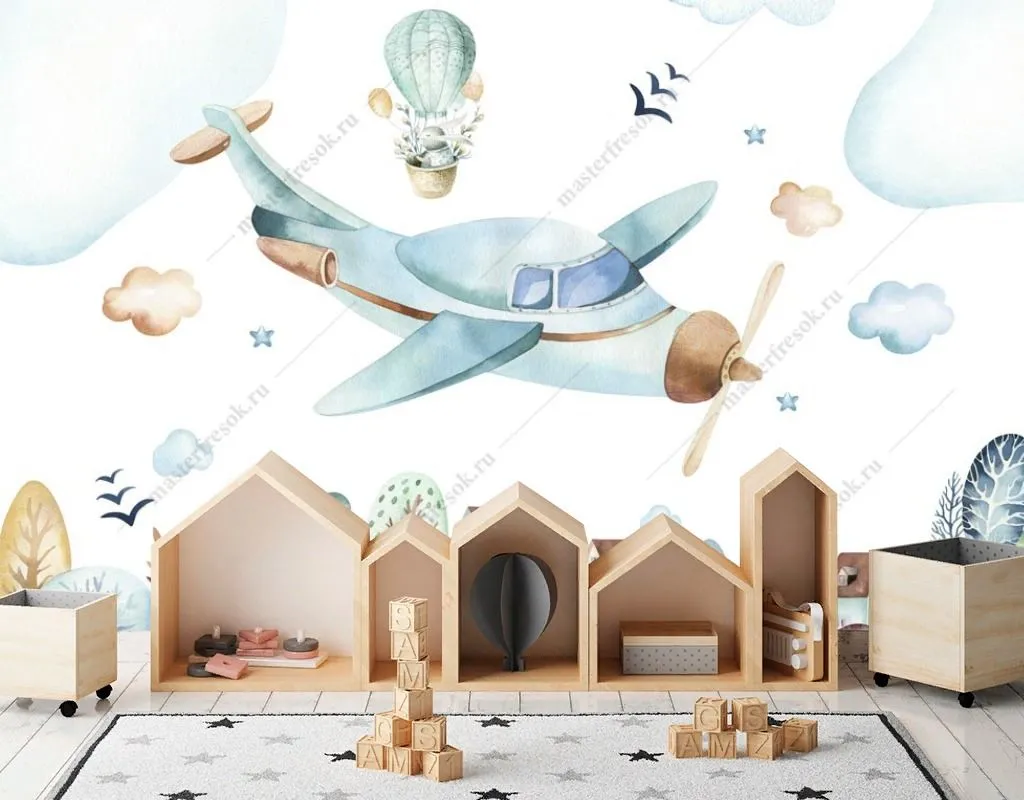 Фотообои в интерьере самолетик над городом  14-506 фото