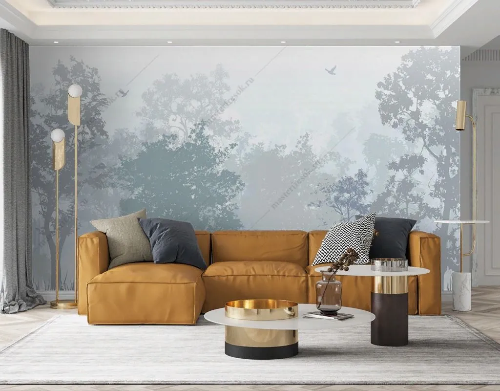 Фотообои в интерьере нежный лес в тумане серо-голубой  9-1836 фото