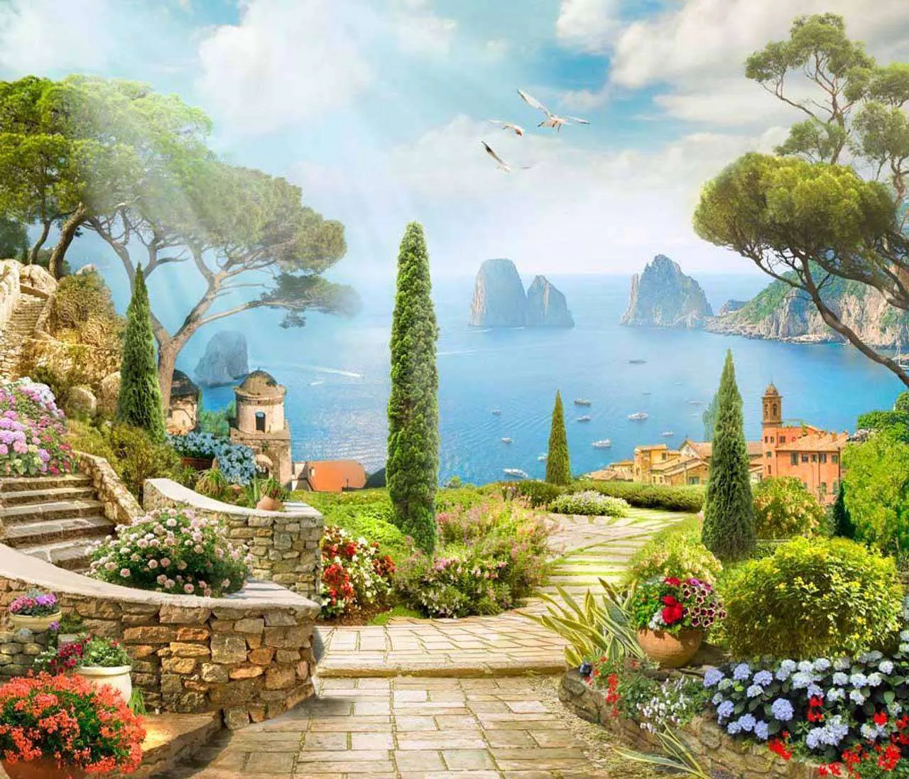 Фотообои в интерьере вид на море с красивой набережной  7-430 фото