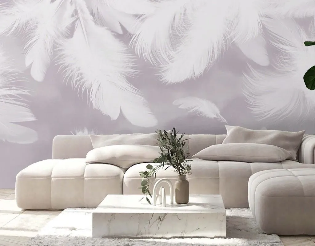 Фотообои в интерьере перья на пудровом фоне  14-796 фото