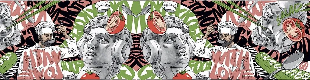 Фотообои в интерьере иллюстрация поп-арт на кухню   14-724 фото