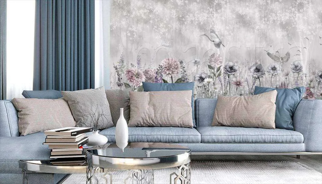 Фотообои в интерьере журавли летят над цветами  7-604 фото