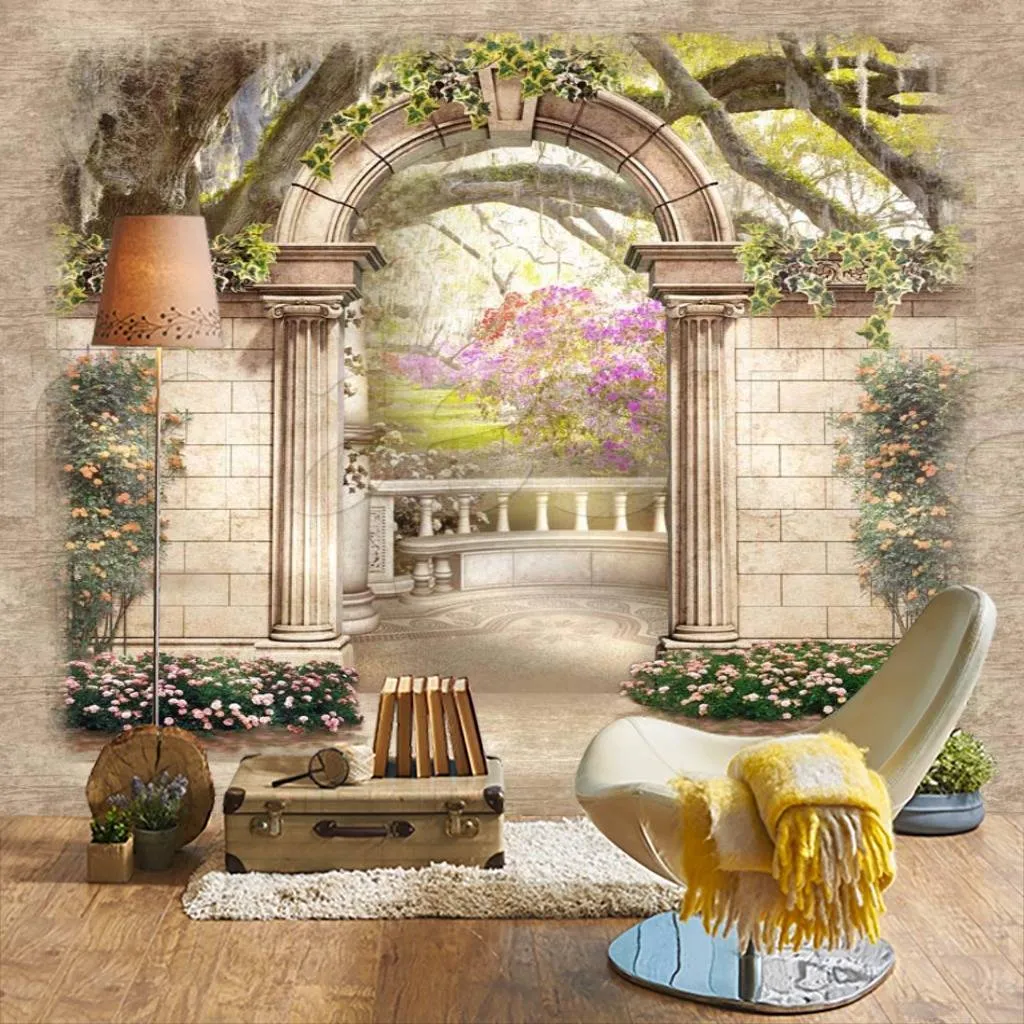 Фотообои в интерьере арка в цветущем саду  5-114 фото