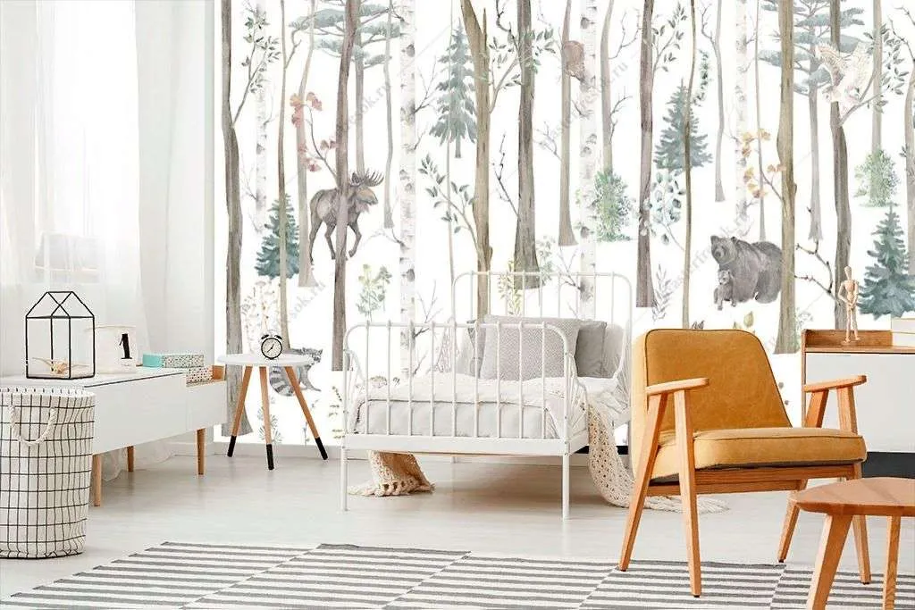 Фотообои в интерьере зимний лес с животными  12-1356 фото