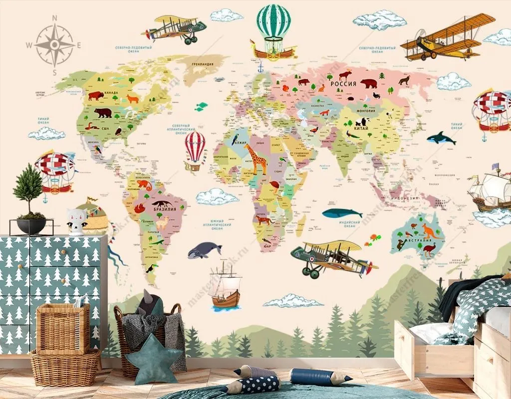 Фотообои Карта мира и лес  14-537