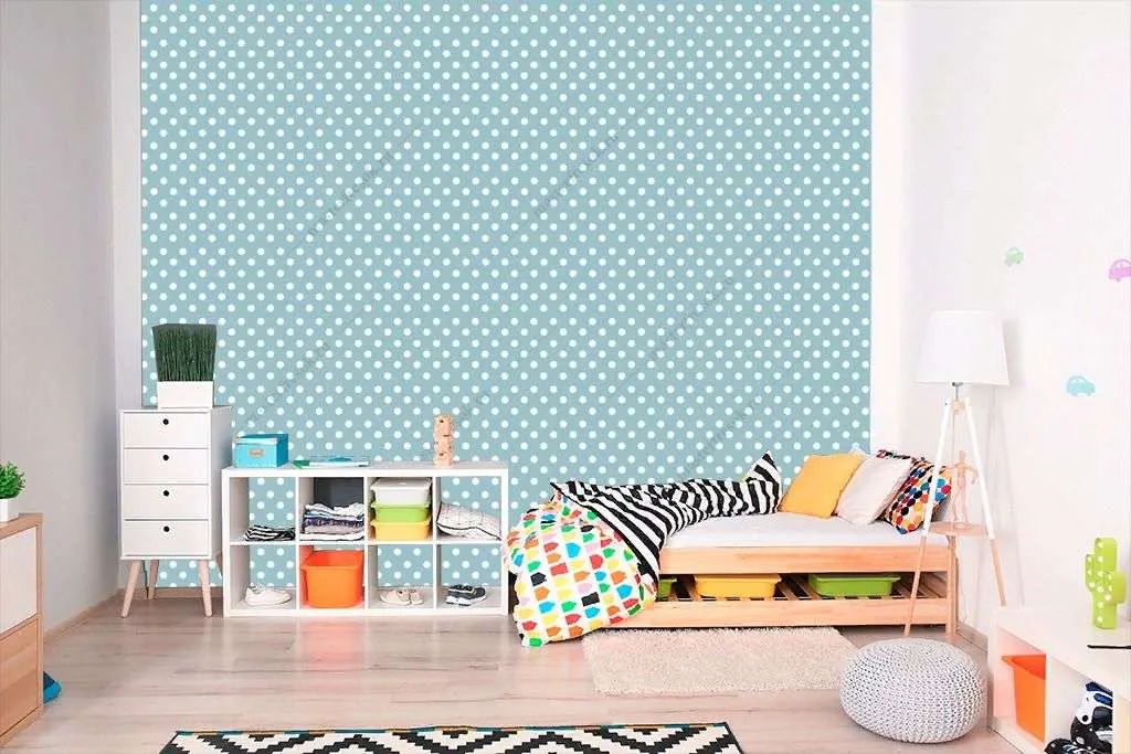 Фотообои в интерьере голубой фон в горошек  14-619 фото