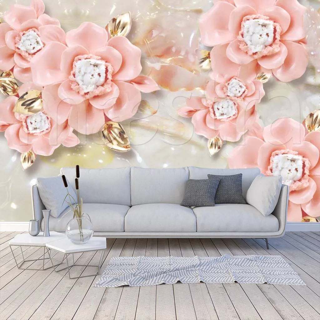 Фотообои 3д объемные цветы розовые с золотыми листочками  10-511