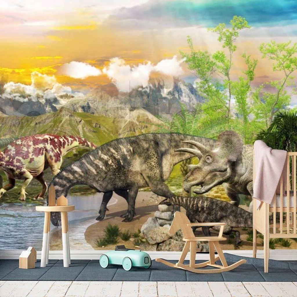 Фотообои Бесшовные обои на стену:  Динозавры на водопое. Артикул: 12-382  