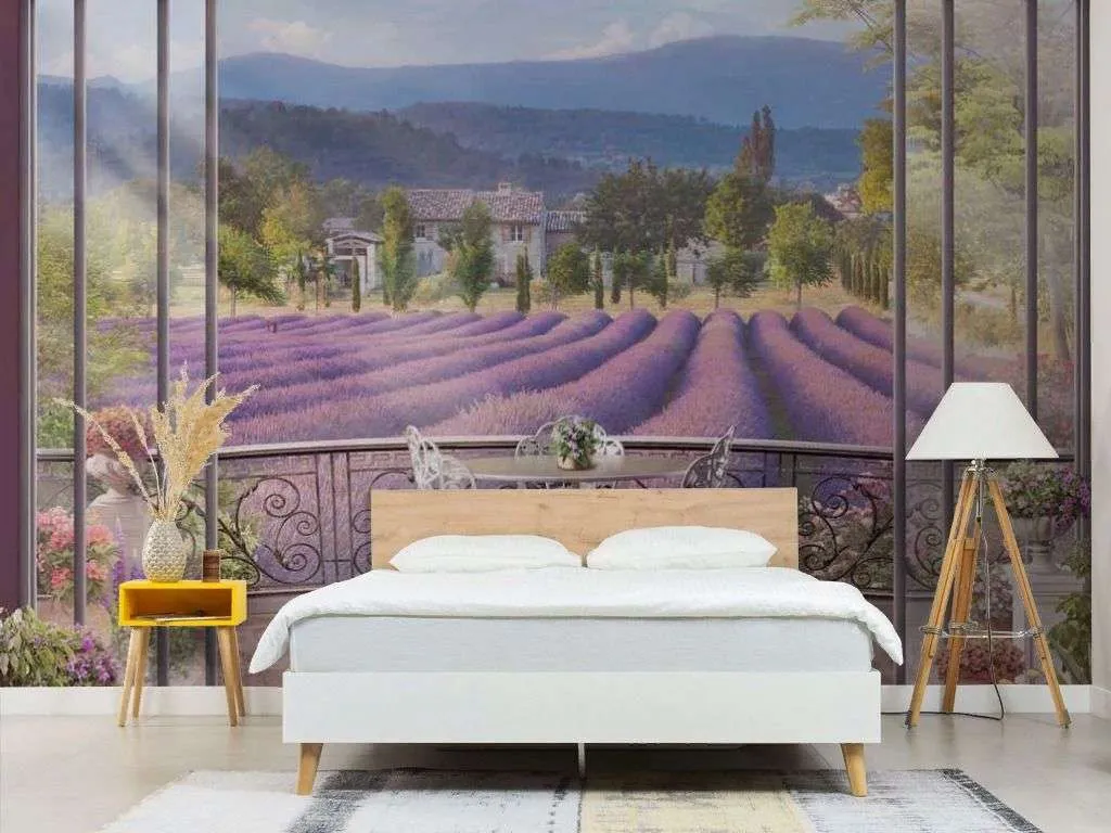 Фотообои в интерьере терраса и лавандовое поле  17-7163 фото