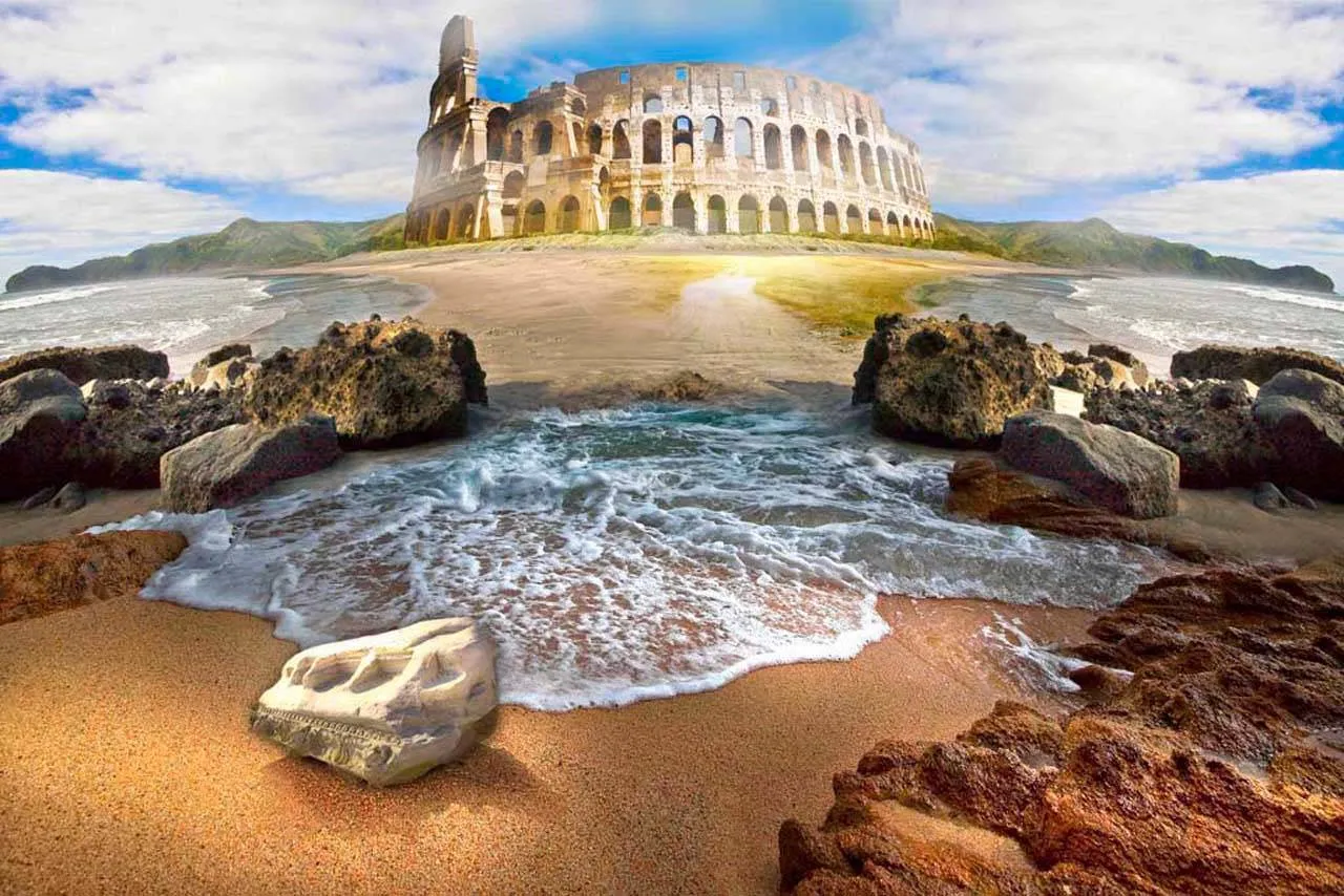 Фотообои в интерьере древние руины на берегу моря  5-121 фото