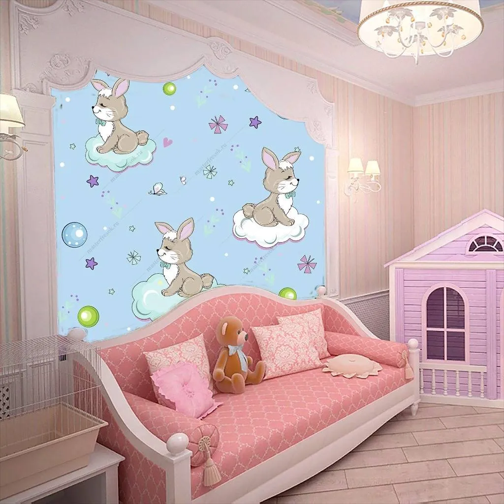 Фотообои в интерьере зверята с шарами на облаках на голубом фоне  12-420 фото