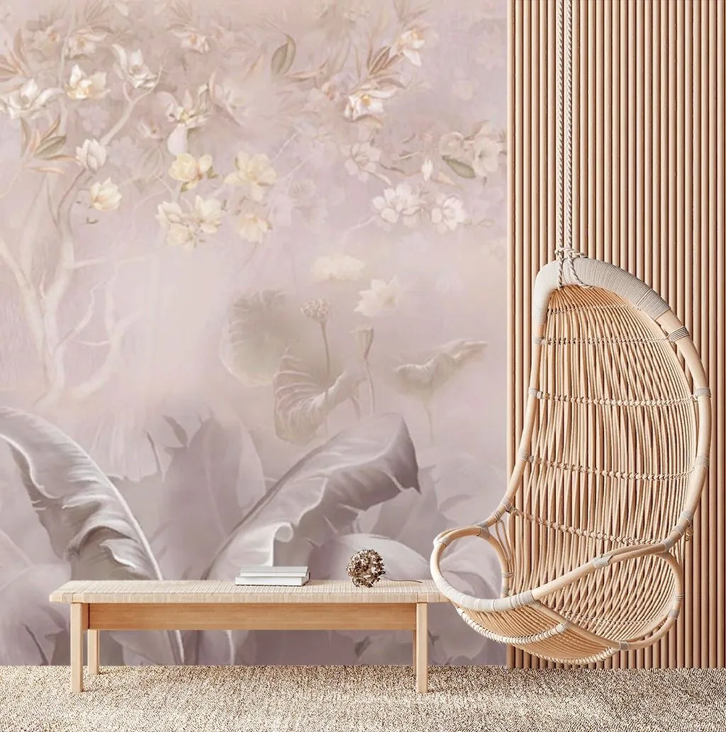 Фотообои в интерьере банановые листья на фоне лотоса  13-527 фото