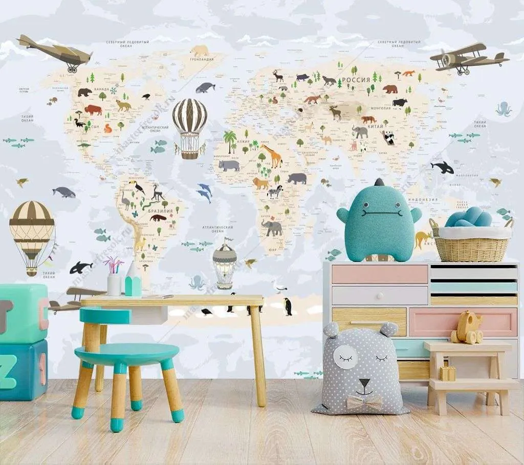 Фотообои в интерьере детская карта с животными  12-1319 фото