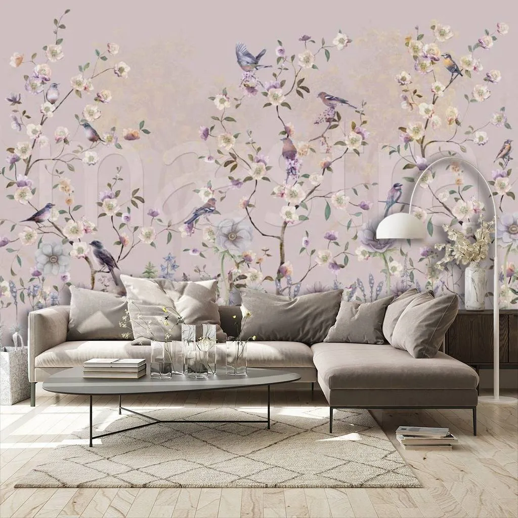 Фотообои в интерьере цветущие деревья с птицами  7-541 фото