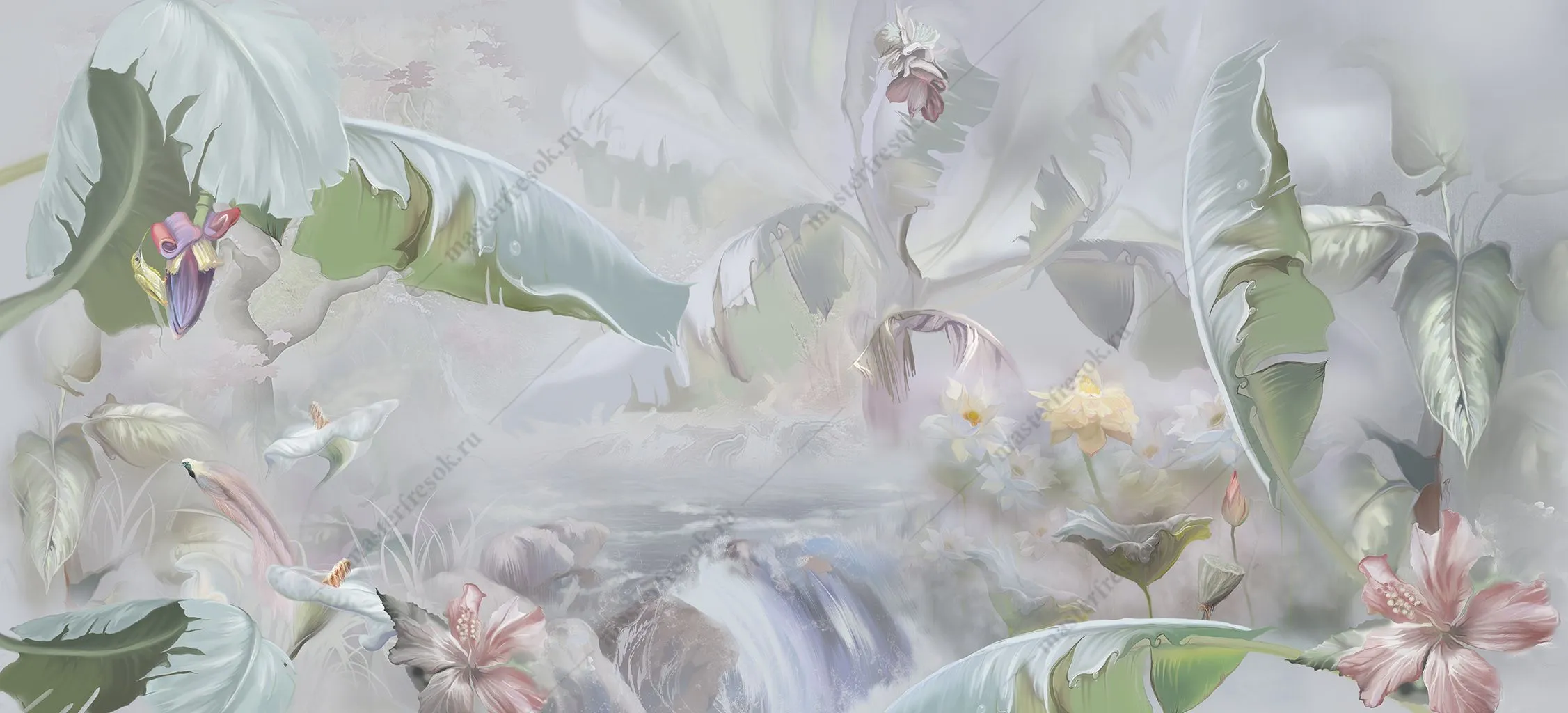 Фотообои в интерьере цветы в тропических листьях  13-389 фото