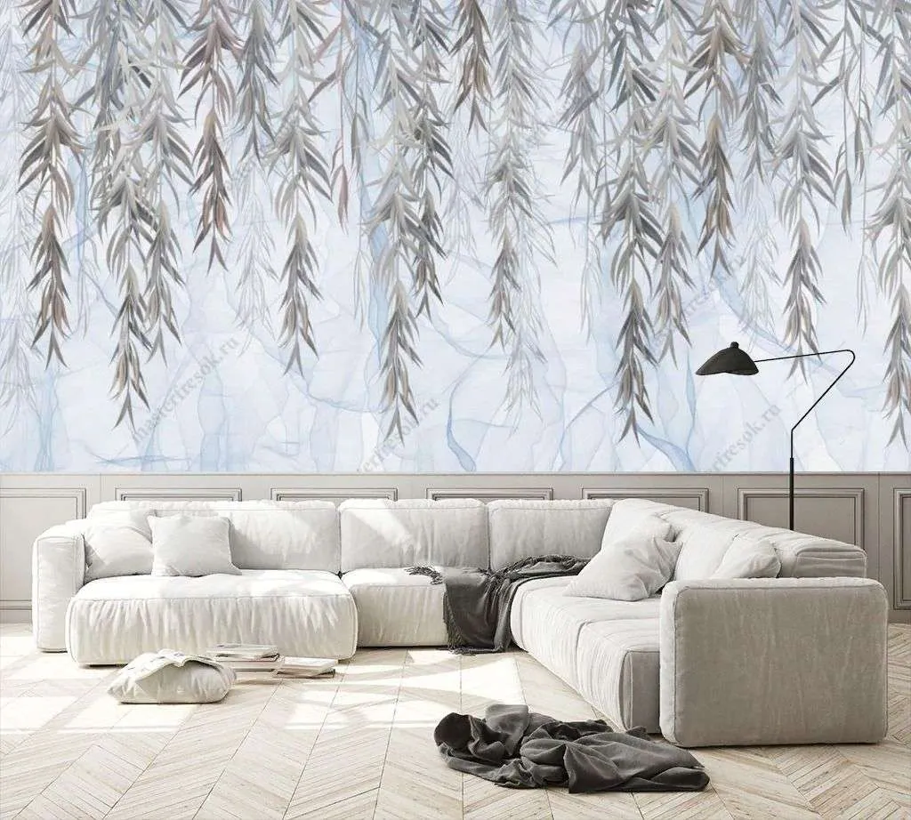 Фотообои в интерьере ветви ивы на голубом фоне  9-1479 фото