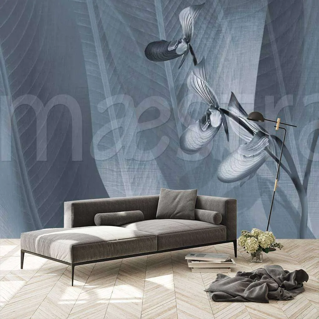 Фотообои в интерьере орхидея на фоне абстрактных листьев в серых тонах  7-856 фото