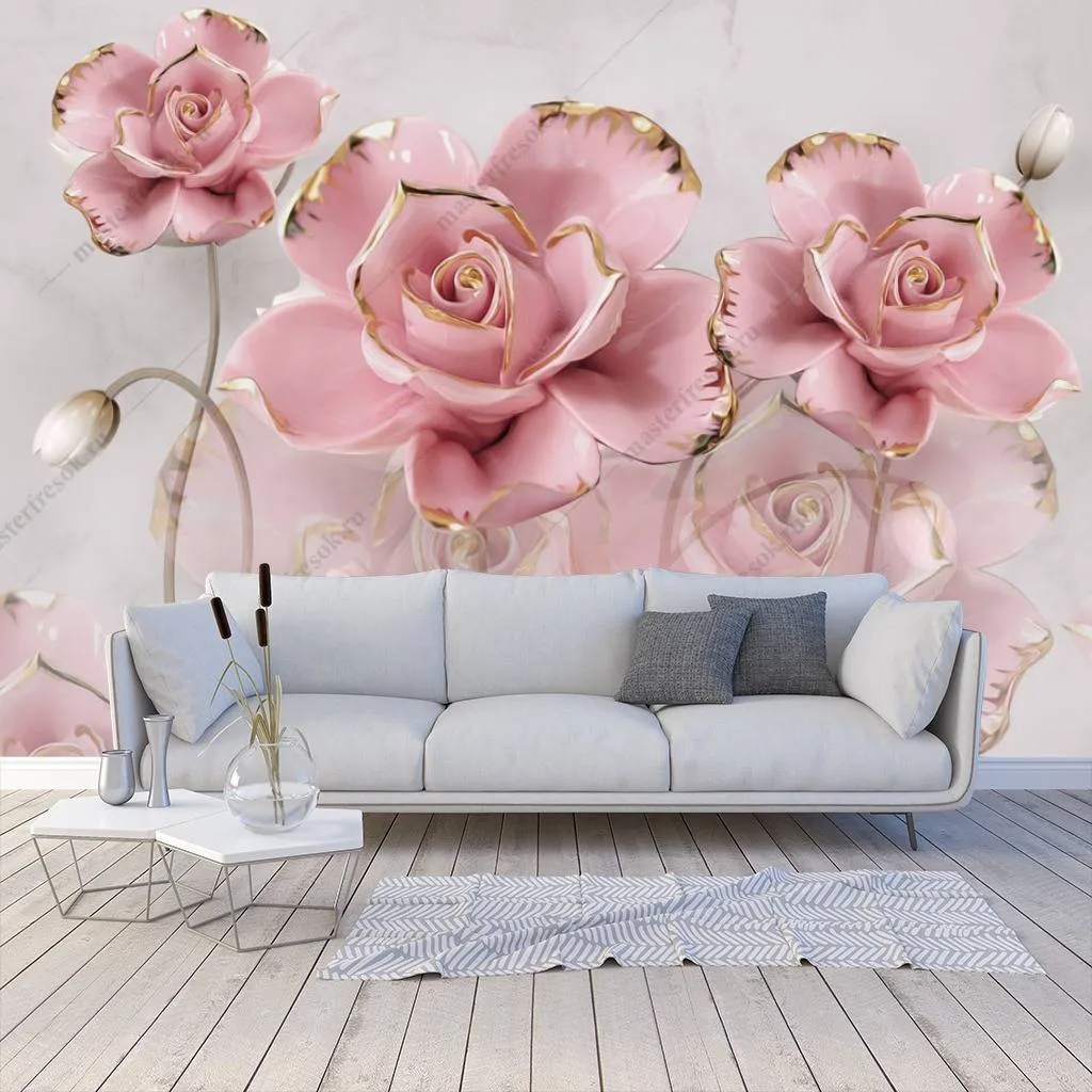 Фотообои в интерьере 3д розы розовые  10-661 фото