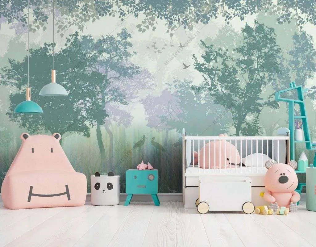 Фотообои в интерьере силуэты туманного леса  14-131 фото