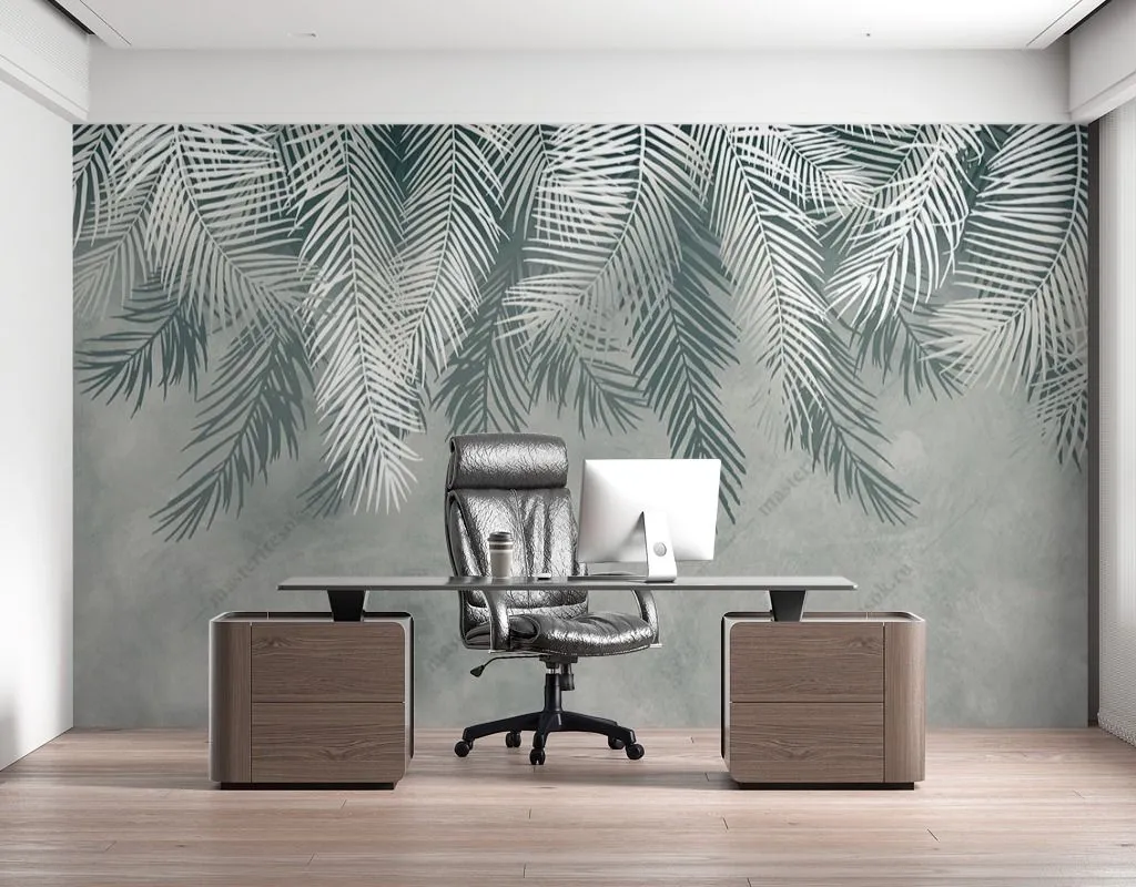 Фотообои в интерьере листья серые  9-1462 фото