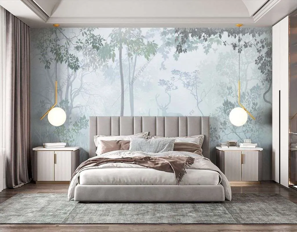 Фотообои в интерьере утренний лес  13-506 фото