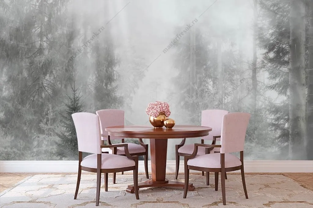 Фотообои в интерьере еловый туманный лес  13-351 фото