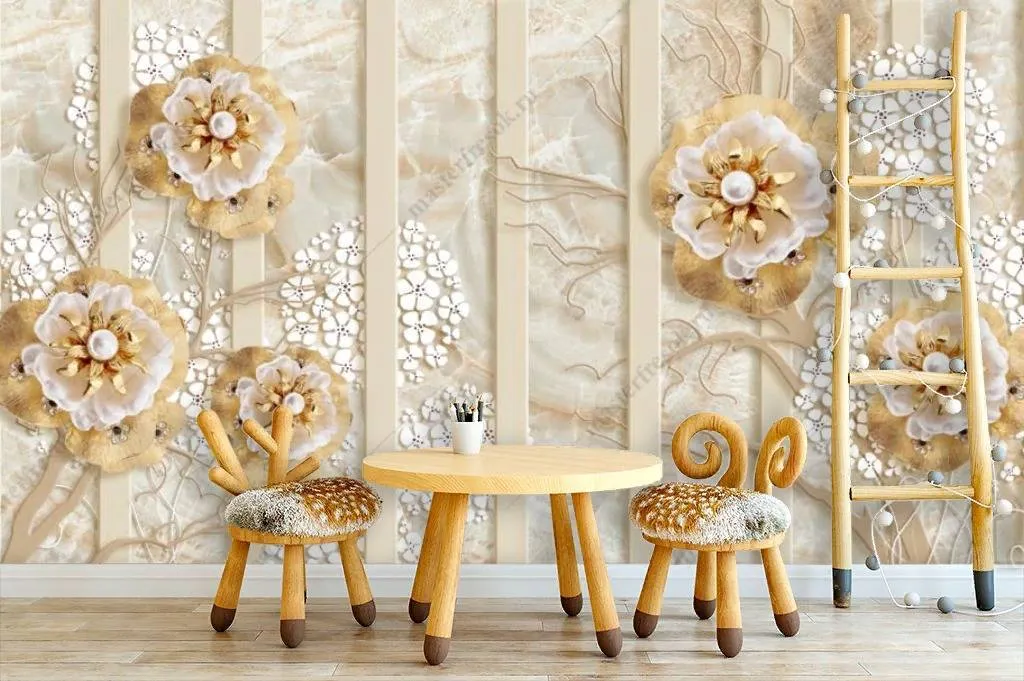 Фотообои 3д Золотое дерево с цветами  10-842