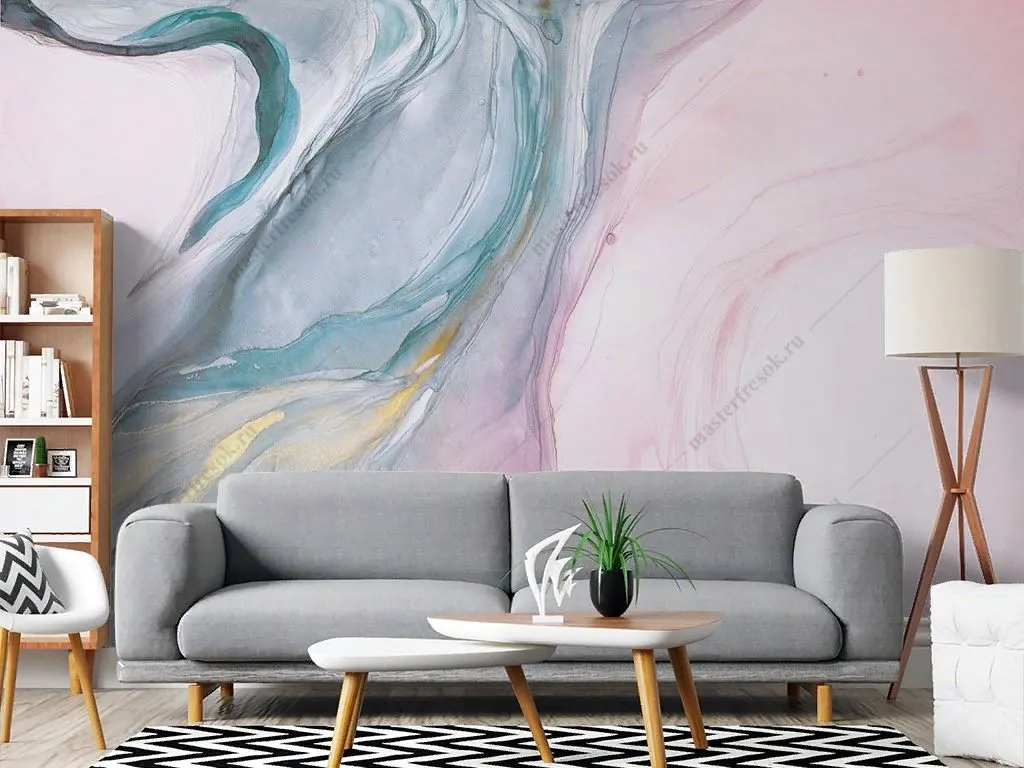 Фотообои в интерьере флюид арт бирюзовый и розовый    9-1876 фото