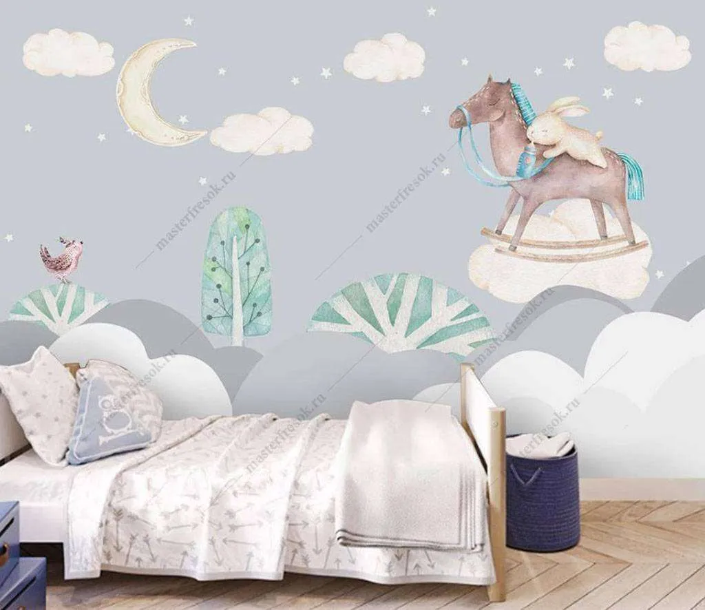 Фотообои в интерьере лошадка в облаках  15-878 фото