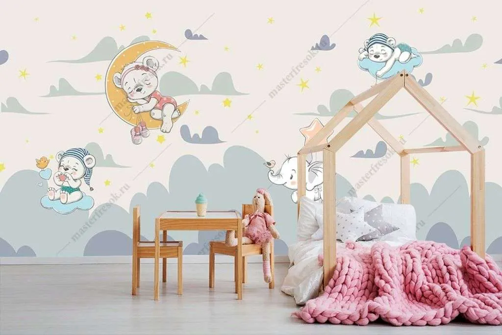 Фотообои в интерьере медвежонок на облаке  12-1289 фото