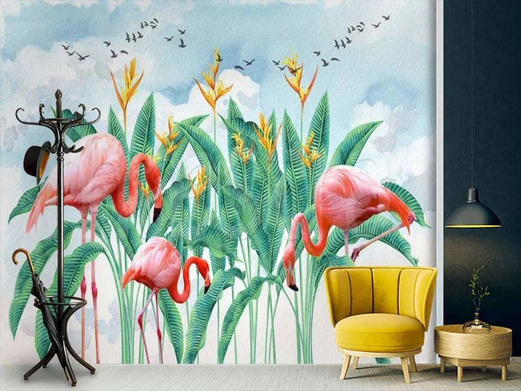 Фотообои в интерьере фламинго в листьях  15-517 фото