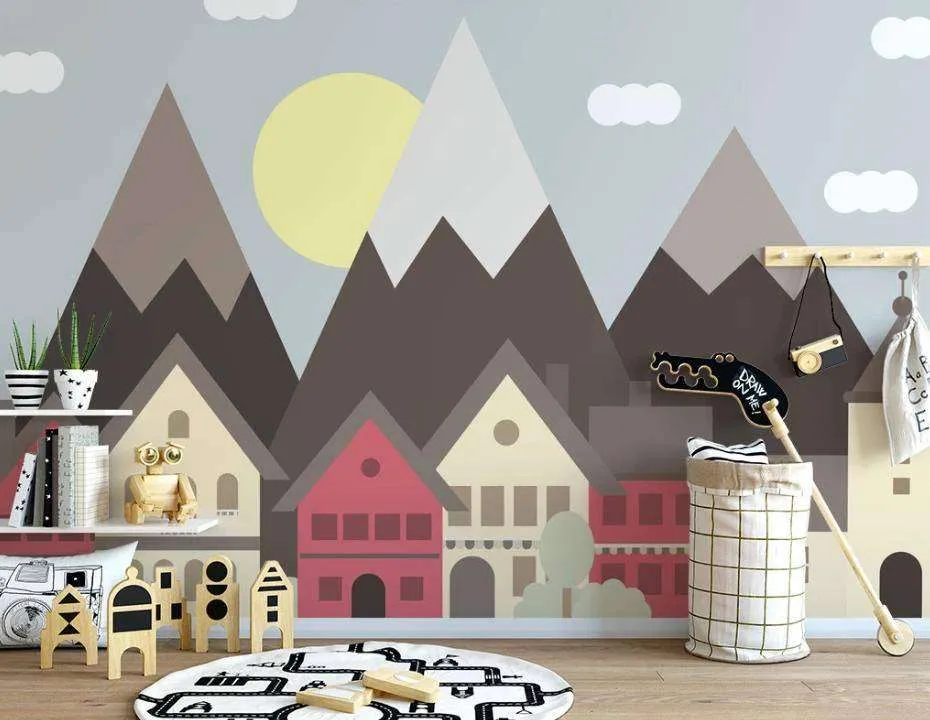 Фотообои в интерьере домики на фоне гор  15-169 фото