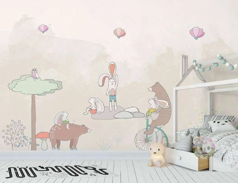 Фотообои Мишка на велосипеде с зайчиком  15-148