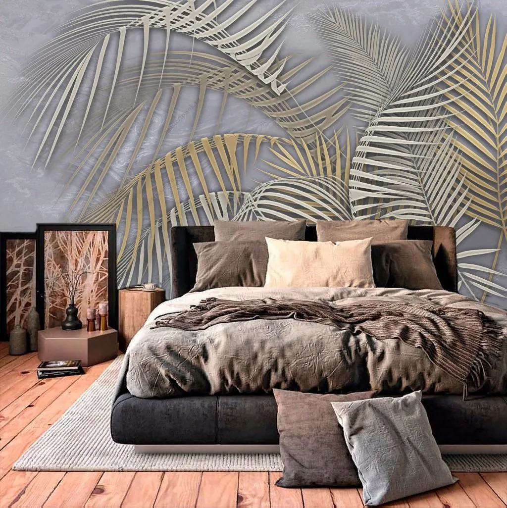 Фотообои в интерьере золотые пальмовые листья  13-326 фото