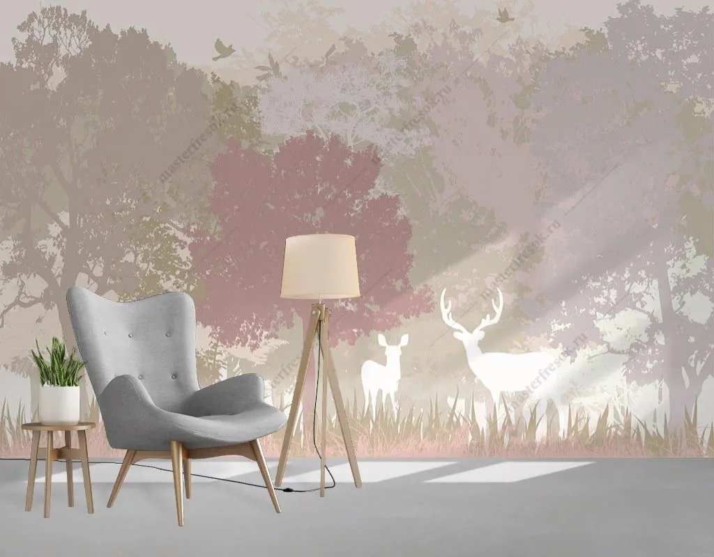 Фотообои в интерьере силуэт оленей на рассвете  12-1515 фото