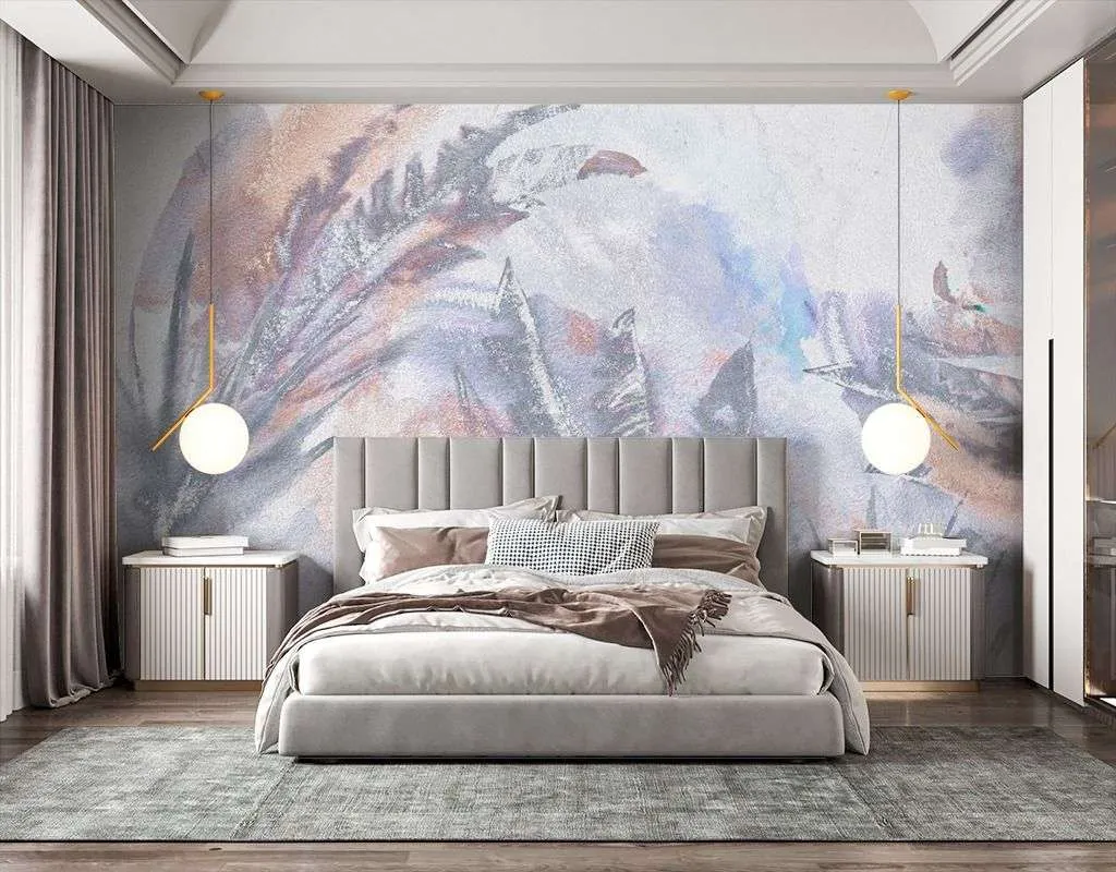 Фотообои в интерьере листья акарельный рисунок  9-1986 фото