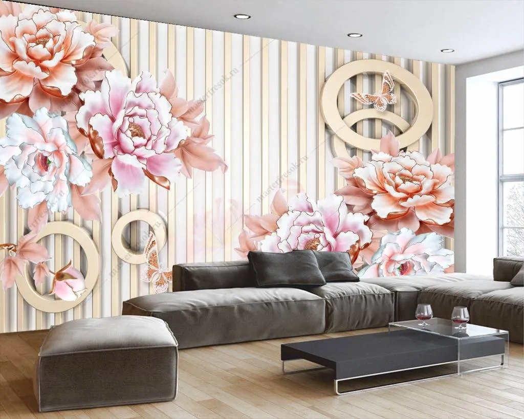 Фотообои 3д розы на полосатом фоне  10-670