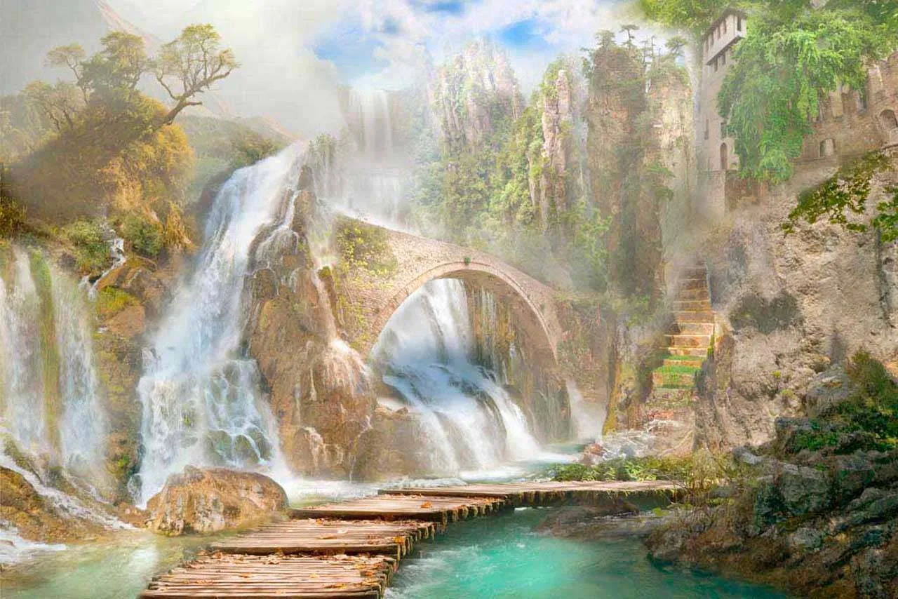 Фотообои в интерьере водопады у старого замка  6-049 фото