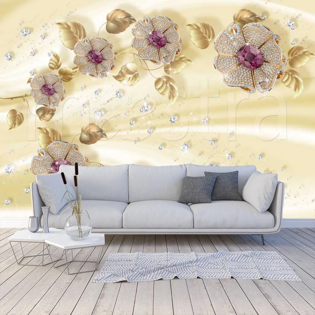Фотообои в интерьере стереоскопические цветы со стразами на фоне ткани  10-460 фото