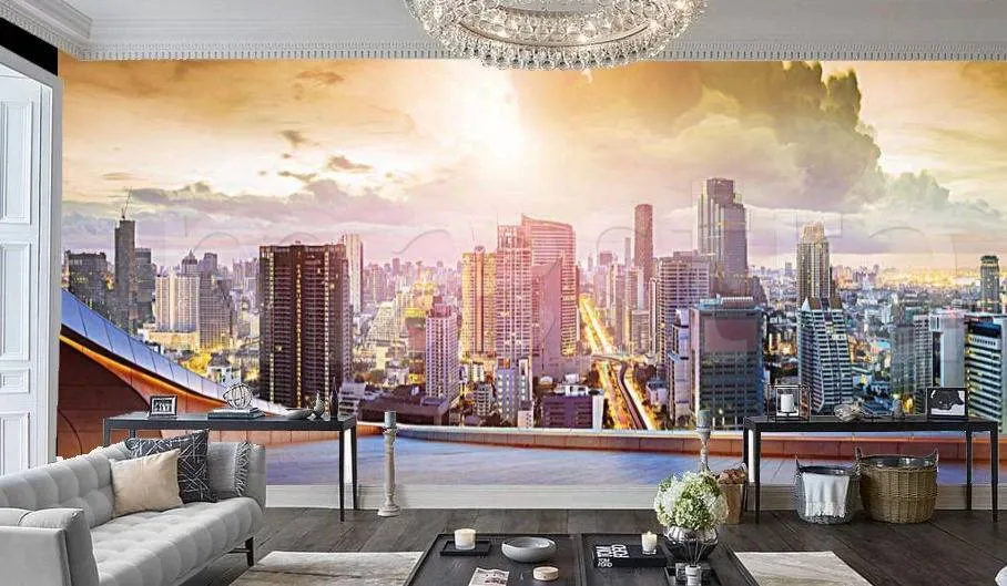 Фотообои в интерьере восход солнца в мегаполисе  7-356 фото