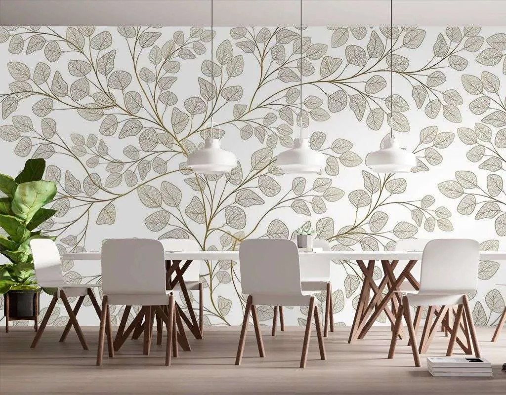 Фотообои в интерьере в спальню листочки на белом фоне  9-1980 фото
