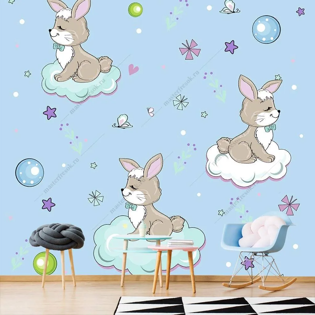 Фотообои в интерьере зверята с шарами на облаках на голубом фоне  12-420 фото